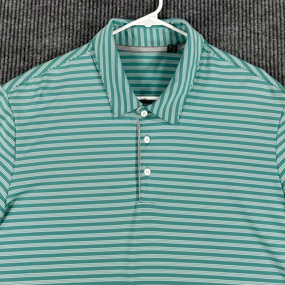 Adidas Polo Shirt Mens Large Green Striped Short Sleeve Casual Golf Outdoor